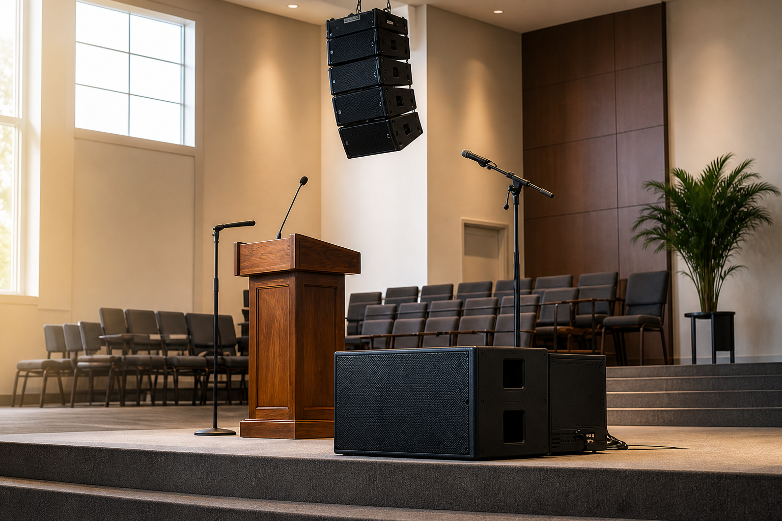 Sistema de áudio com caixa de som e microfone em uma igreja